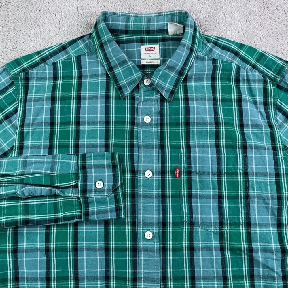 Levis Shirt Mens Large Green Plaid Hemp Cotton Blend Standard Fit‎ Button Up